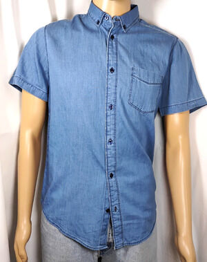 Mens Chambray Classic Button Up Shirt Short Sleeve Cotton Casual Coastal Medium